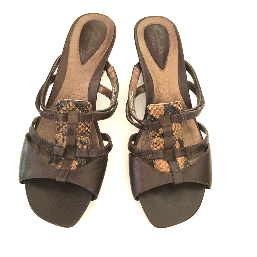CLARKS ARTISAN Brown Leather Snake Slip On Heel